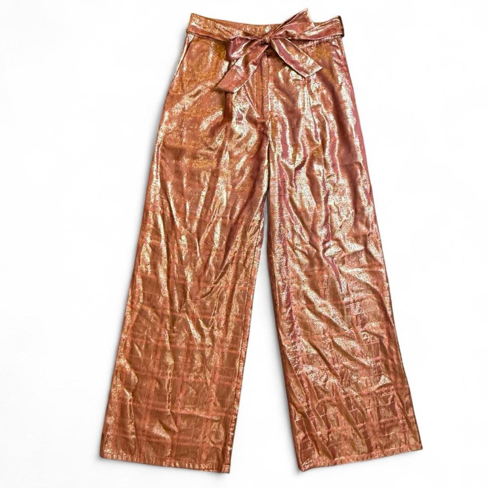 NWOT Amadi Anthropologie Orange Metallic Plaid Front Bow Wide Leg Pants, Size 30